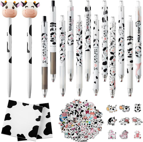 Cute Cow Pen Set 12 Cow Retractable Gel Ink Pens, 2 Cute Cow Pen 0.5 mm Retractable Black Gel Ink Pens, 2 Cow Sticky Notes, Cute Cow Stickers for ...