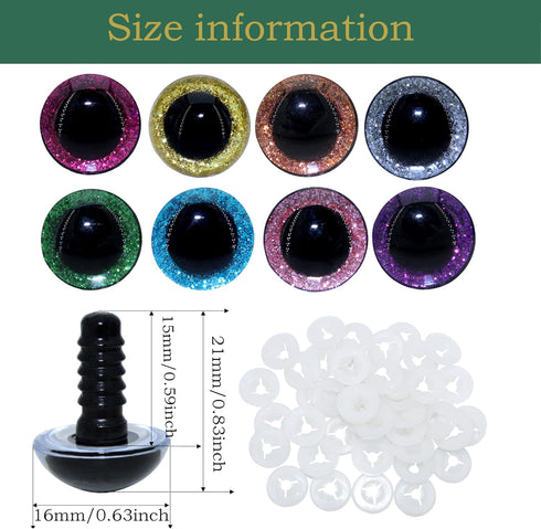 ARTCXC 1Box(64pcs) 16mm 8Colors Plastic Safety Eyes Glitter Craft Eyes with Washers for Doll Teddy Bear Puppet Toy Plush Animal and DIY Craft Maki...