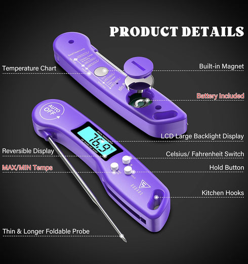 DOQAUS Digital Meat Thermometer, Instant Read Food Thermometer for Cooking, Kitchen Probe with Backlit & Reversible Display, Cooking Temperature P...
