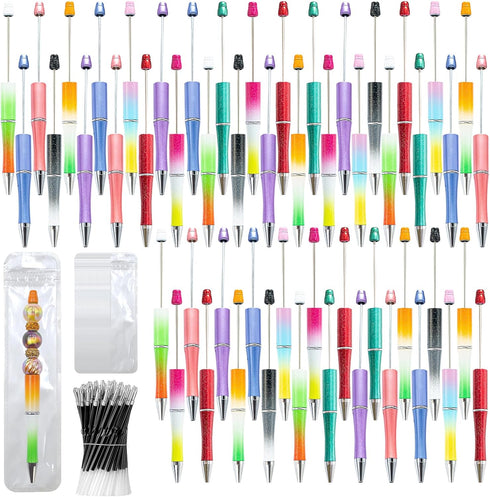 150 Pieces DIY Beadable Pens Kit - 50 plastic Beadable Pens Bulk, Refills & pen bags Included - Beaded Pens Black Ink Ballpoint Cute Pens for Stud...