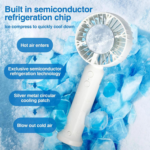 Portable Handheld Fan with Refrigeration Mode, 3 Speed Cold Wind Hand Fan, 3000mAh Battery Operated Rechargeable USB Fan, Non-Slip, Flashlight, Qu...