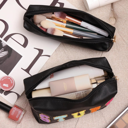 Fixwal Preppy Stuff Bag Set of 2, Travel Makeup Bag Cosmetic Bag, Makeup Brush Bag, Travel Purses for Women Girls, Black...