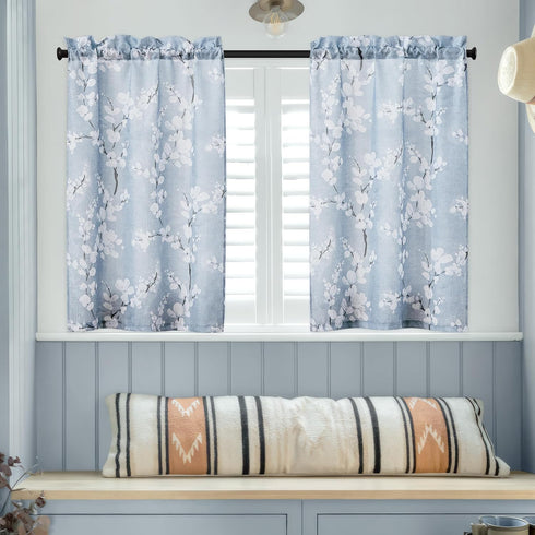FMFUNCTEX Blue White Tier Curtains 36 Inch Length for Kitchen Windows White Blossom Floral Print Half Bathroom Window Curtain Panels Café Curtains...