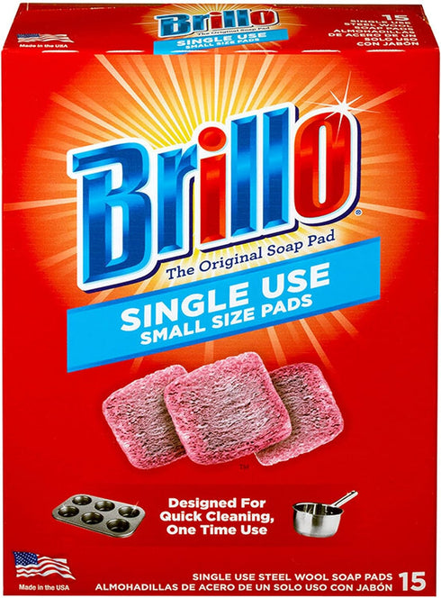 Brillo Single Use Steel Wool Soap Pads, Smaller Size Original Red Scent, 15 Count Pack of 1...