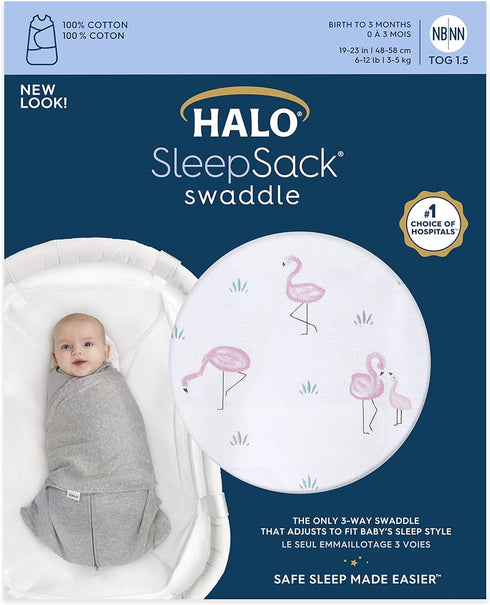 HALO 100% Cotton Sleepsack Swaddle, 3-Way Adjustable Wearable Blanket, TOG 1.5, Flamingos, Newborn, 0-3 Months...