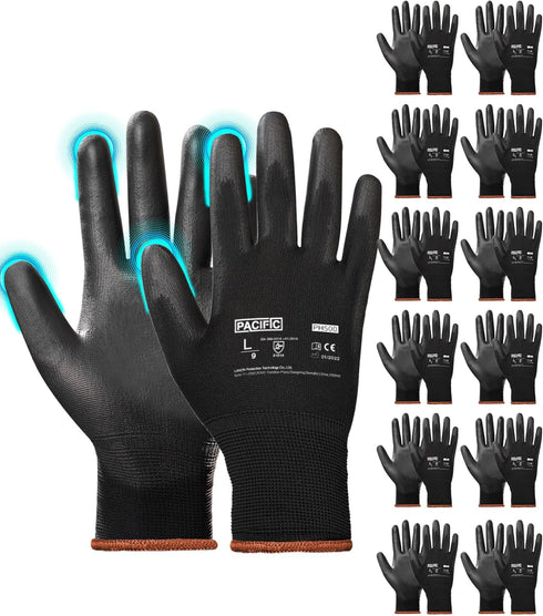 PACIFIC PPE Work Gloves PU Coated-12 Pairs, Touchscreen Working Gloves for Men and Women, Mechanic Gloves, Lightweight, Black, Large...
