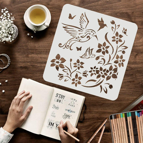 FINGERINSPIRE 4 Pcs Hummingbird Flowers Stencils 11.8x11.8inch Large Size Bird Floral Bee Dragonfly Butterfly Drawing Stencils Reusable Mylar DIY ...