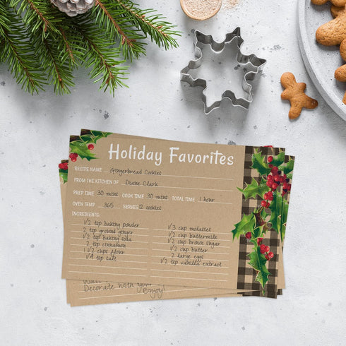 Kraft Look Holiday Favorites Recipe Cards / 50 Rustic Faux Kraft Christmas Recipe Card Pack / 4" x 6" Flat Double Sided Vintage Design Baking Dire...