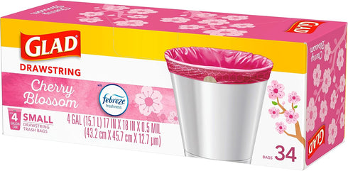 Glad Trash Bags, OdorShield Small Drawstring Garbage Bags, 4 Gallon Trash Bag, Febreze Cherry Blossom, 34 Count (Package May Vary)...