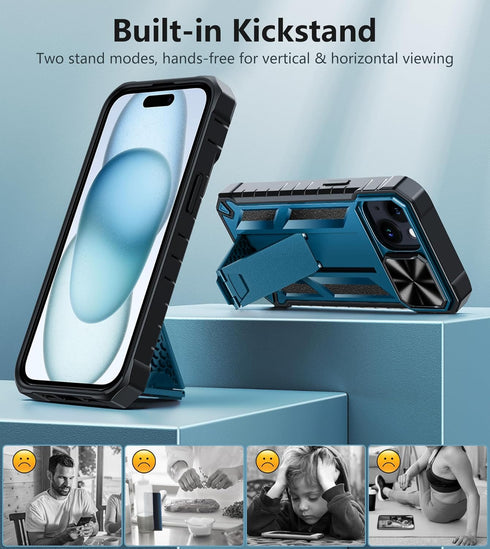 FNTCASE for iPhone 15 Protective Phone-Case: Military Grade Dropproof Cell Phone Cover with Kickstand & Slide | Heavy Duty Rugged Phonecase Bumper...