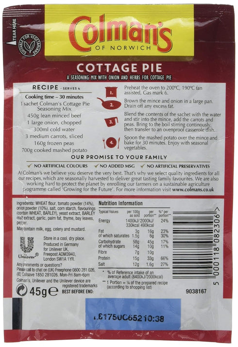 Colman's Cottage Pie perfect with creamy mashed potato Recipe Mix quick to prepare pie mix 45 g...