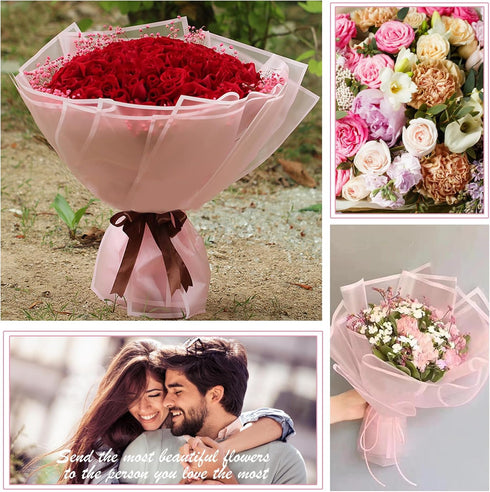 Kosotody 20 Sheets Frosted Flower Wrapping Paper Pink Line Waterproof Florist Bouquet with Ribbon for Bouquets DIY Crafts Packaging Bouquet, 22.8x...