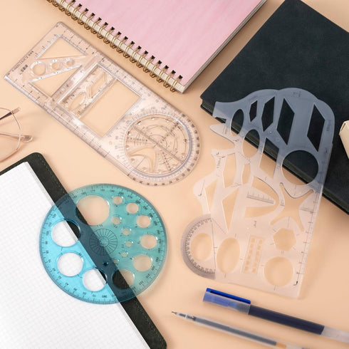 3pcs Multifunctional Geometric Ruler+ 1pc Circle Templates Protractor Plastic Mathematics Drawing Ruler for Student School Office Supplies and Bui...