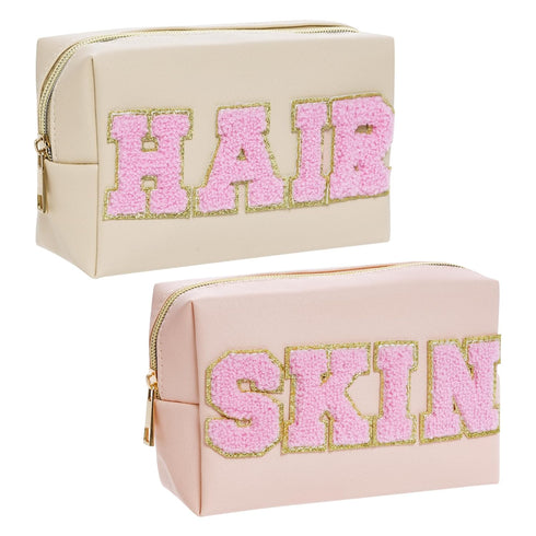 2PCS Patch Makeup Bag Preppy Cosmetic Bag Set Toiletry Storage Purse Skincare Pouch Waterproof PU Leather Travel Makeup Organizer for Women...