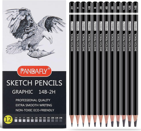 PANDAFLY Professional Drawing Sketching Pencil Set - 12 Pieces Graphite Pencils(14B - 2H), Ideal for Drawing Art, Sketching, Shading, Artist Penci...