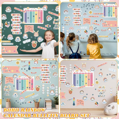 SATINIOR 85 Pcs Boho Calendar Bulletin Board Set Rainbow Classroom Bulletin Board with Month Weather Chart Ctp Calendar Seasons and Days of The We...