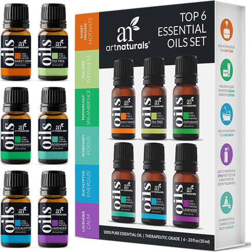 ArtNaturals Aromatherapy Top-6 Essential Oil Set - (6 x 10ml Bottles) - 100% Pure of The Highest Therapeutic Grade - Premium Gift Set – Lavender, ...