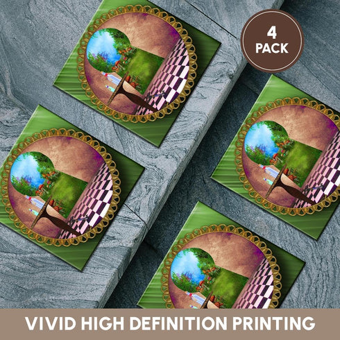 3dRose LLC cst_128860_3 Ceramic Tile Coasters, "Through The Keyholes Alice in Wonderland Art Checkered Floor Bottle of Magic Water", Set of 4...