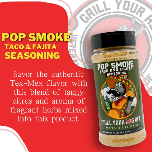 Pop Smoke Taco & Fajita Seasoning by Grill Your As Off - BBQ & Grill Seasoning - Dry Rub for Beef, Steak, Burgers, Pork & Chicken - MSG & Gluten F...