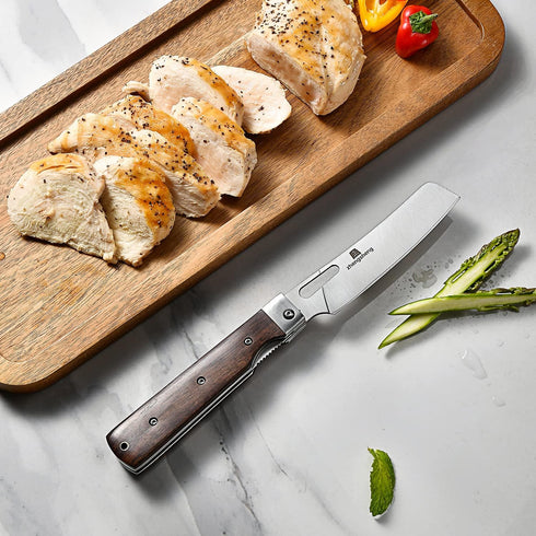 ZhengSheng Folding Chef Knife 4.8" Sharp 440A Stainless Steel Blade Wooden Handle Pocket Foldable Japanese Style Kitchen Knife for Outdoor Camping...