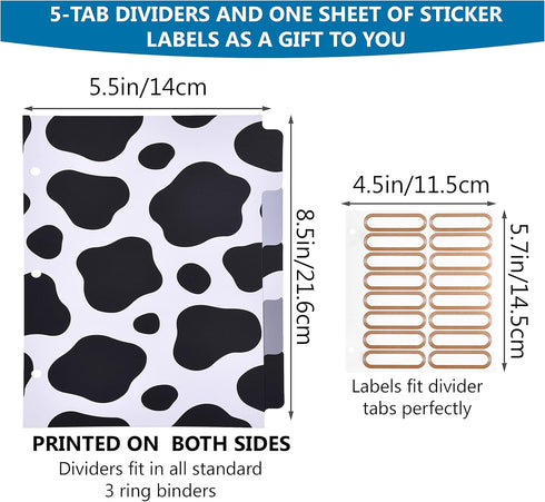 Cute Decorative Mini 3 Ring Binder for 5.5" x 8.5" Paper with 5-Tab Dividers, and File Folder Labels. 1 Inch Cow Print Mini Binder for Cute School...