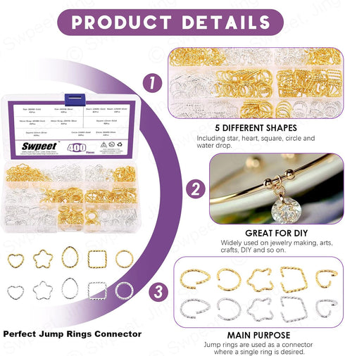 Swpeet 400Pcs Gold and Sliver 12mm 15mm 16mm 18mm 5 Styles Open Jump Rings Assortment Kit, Plum Bossom/Water Droplets/Heart/SquareIron O Rings Con...