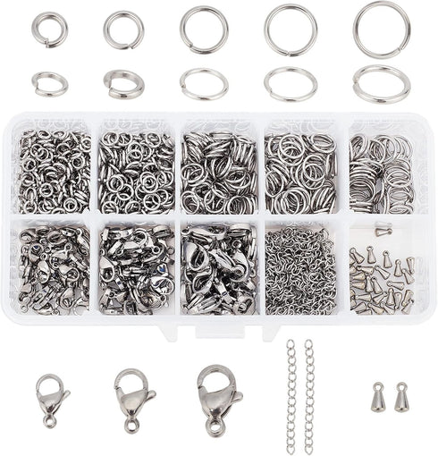 PH PandaHall 830pcs Jewelry Making Findings Stainless Steel, 680pcs 5 Styles Jump Rings 90pcs 3 Styles Lobster Claw Clasps 30pcs 40mm Extender Cha...