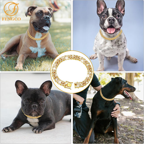 Gold Dog Chain Collar Diamond Cuban Link Dog Collar 13mm Wide Dog Necklace Metal Cat Chain Pet Crystal Collar Jewelry Accessories for Small Medium...