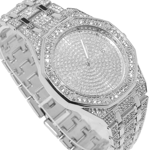 Halukakah Diamonds Gold Watch for Men, Platinum White Gold Plated Quartz Wristband 8.7" Octagonal Dial, with Clustered Diamond Tennis Chain Bracel...