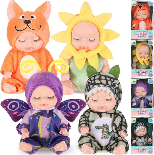 Hanaive 4 Pcs 4 Inch Mini Baby Dolls Lifelike Realistic Baby Dolls Animal Clothes Cute Tiny Babies Gifts for Kids Birthday Baby Shower (Novelty St...