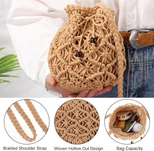 Ovida Crochet Mini Bucket Bag Purse Summer Woven Beach Shoulder Bag Drawstring Closure Crossbody Bag Handmade Hobo Bag...