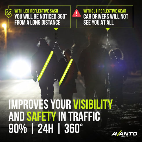 AVANTO LED Reflective Sash, Original, USB-C, Reflective Vest for Walking, Led Belt for Dog Walking, Reflective Vest for Walking, Wearable Led Ligh...