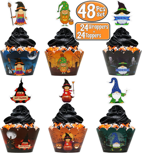 Halloween Cupcake Wrappers | 48 Pcs Set (24 Wrappers + 24 Toppers) | Halloween Gnomes Cupcake Wrapper Set | Halloween Party Decorations Baking | S...