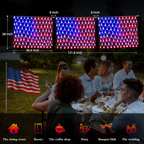 HYH American Flag String Lights 3 in 1 Waterproof Led Flag Net Light of The United States Flag Lights for Independence Day National Day 4th of Jul...