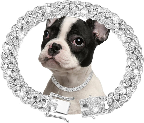 Silver Dog Chain Collar Diamond Cuban Link Dog Collar 13mm Wide Dog Necklace Metal Cat Chain Pet Crystal Collar Jewelry Accessories for Small Medi...