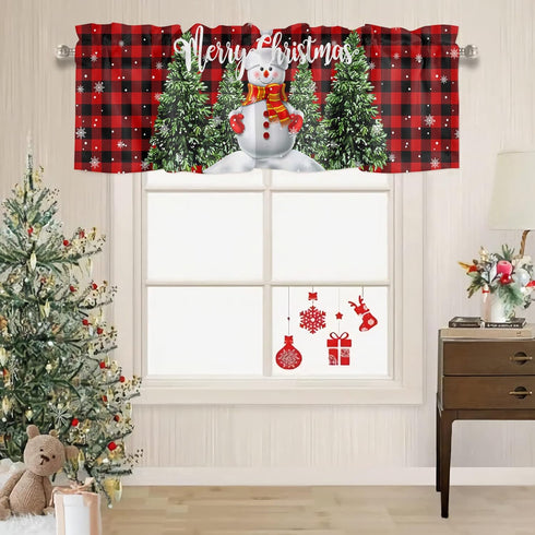 Christmas Valance for Windows Snowman with Xmas Tree Window Toppers Valances Rod Pocket 1 Panel Red Buffalo Plaid Check Window Treatments for Kitc...