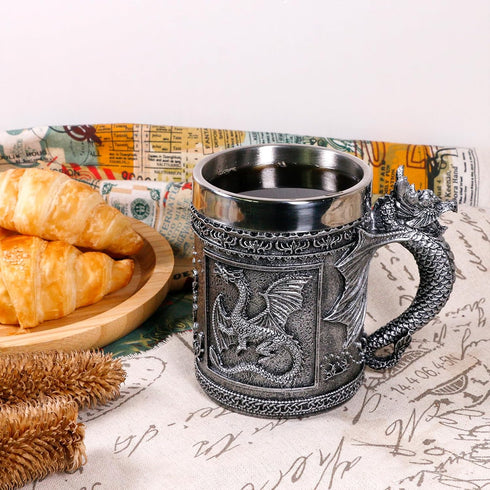 Medieval Roaring Dragon Mug - Dungeons and Dragons Beer Stein Tankard Drink Cup - 15.8oz Stainless Coffee Mug for GOT Dragon Lovers Collector Idea...