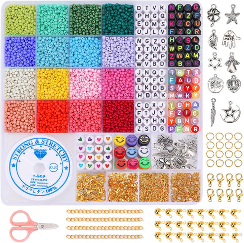 8100pcs 3mm Glass Seed Beads for Jewelry Bracelet Making Kit,Small Beads Friendship Bracelet Kit with Letter Beads and Pendants, Stretch Cords, Et...