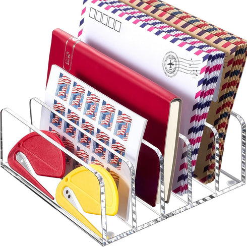 BEYGORM Acrylic Mail Holder, Clear Desk Organizer with Divider, Vertical Letter Sorter for Desktop, 5 Compartments Modern Office Home Envelope Org...