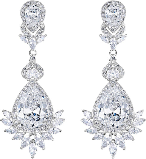 EVER FAITH Women's Wedding Jewelry Cubic Zirconia Marquise Teardrop Bridal Pierced Dangle Earrings Silver-Tone...