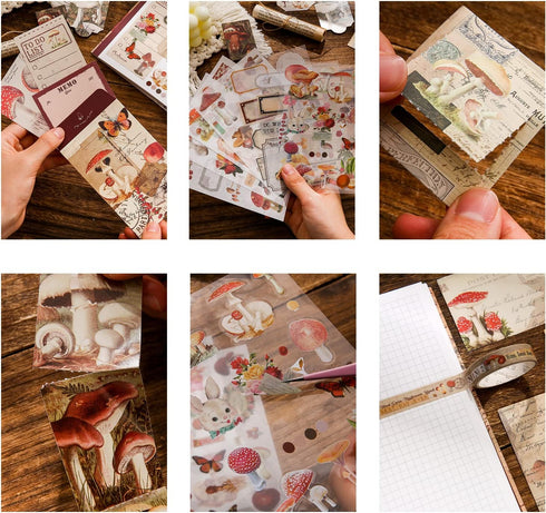 Scrapbooking Supplies Kit, Vintage Mushroom Aesthetic Scrapbook Kit for Bullet Junk Journal, Stationery, A6 Grid Notebook, DIY Journaling Supplies...