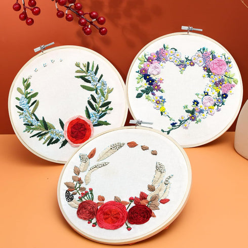Creativease Embroidery DIY Starter Kit, 3pcs Set | Floral & Plant Designs for Adults and Kids Alike | with 20cm Bamboo Hoop, 28 * 29cm Cloth, and ...