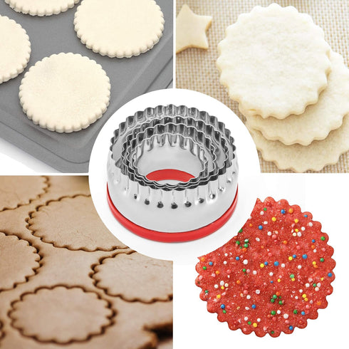 4-Pieces Fluted Round Cookie Cutters, Metal Circle Biscuit Cutters Set, Wave Cookies Cutter with Fluted Edge, Unique Design with Protective Red To...