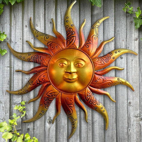 Metal Sun Wall Art Decor-17.3 inches Rustic Retro Metal Sun Hanging Decoration for Indoor Outdoor,Gift for Mom Dad Friends(Gold)...