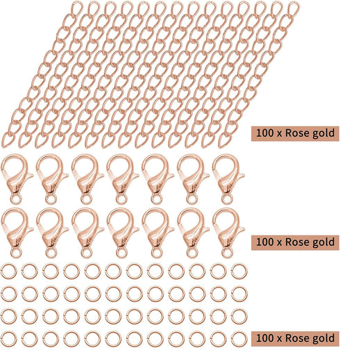 100pcs Alloy Lobster Clasps+100pcs Extension Chains with 100pcs Jump Rings Kit, Rose Gold Lobster Claw Clasps Open Jump Ring Tail Chain for Neckla...
