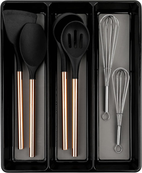 Kitchen Utensils Organizer | Utensil Tray Holder | Large Non-Slip Cutlery Drawer Organizer, 3 Compartment Multi-Purpose Home Organization, Black U...