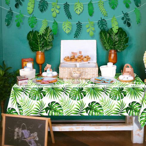 Tatuo 2 Pieces Palm Leaf Table Covers Hawaii Green Leaves Tablecloths Tropical Leaf Table Cloths and 2 Pieces Palm Leaves Banners Decorations for ...