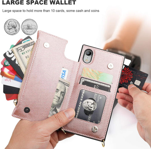 Bocasal Crossbody Wallet Case for iPhone Xr with Card Holder,Zipper Card Slot Protector Shockproof Purse Cover with Removable Cross Body Strap 6.1...