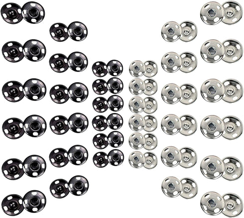 Fuman Forest 100 Sets Sew-on Snap Buttons Metal Snaps Fasteners Press Studs Buttons for Sewing, 8.5 mm,10 mm & 12mm,Black & Silver, (Fuman-034)...
