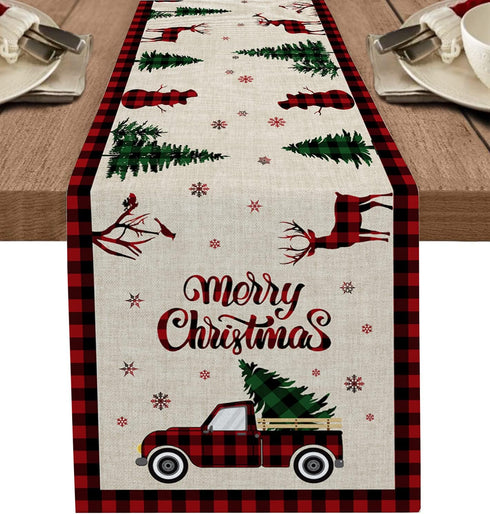 Christmas Truck Cotten Linen Table Runners 90 Inches Long, Red Buffalo Plaid, Non-Slip Burlap Table Cloth Runner for Home/Dining/Wedding/Party/Hol...